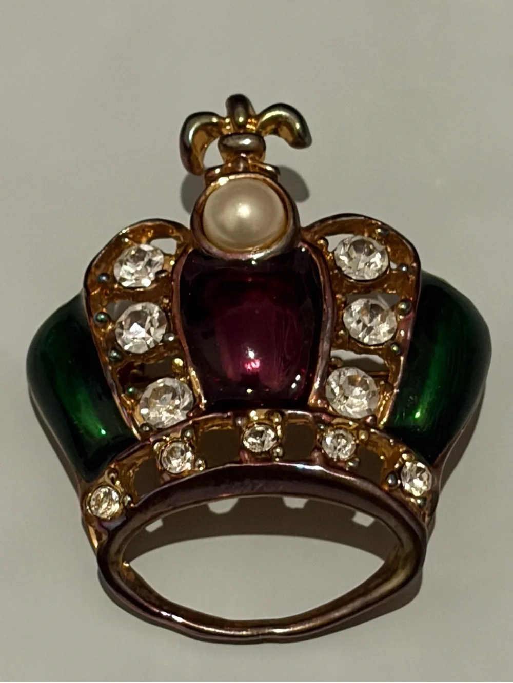VTG Mardi Gras Brooch Pin Faux Pearl Green And Purple Enamel